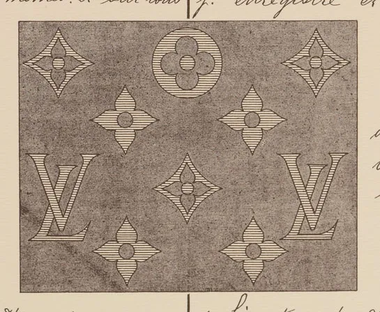 An early design of the classic Louis Vuitton monogram, featuring the iconic 'LV' initials along with floral patterns and geometric shapes. The design includes a circle with a clover-like symbol, diamond shapes with a floral motif, and the 'LV' letters in a serif font. The monochromatic image has a vintage, textured background, emphasizing the historic roots of the Louis Vuitton logo